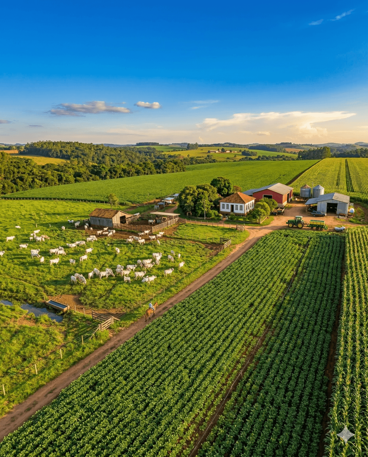 Fazenda com pasto e horizonte aberto