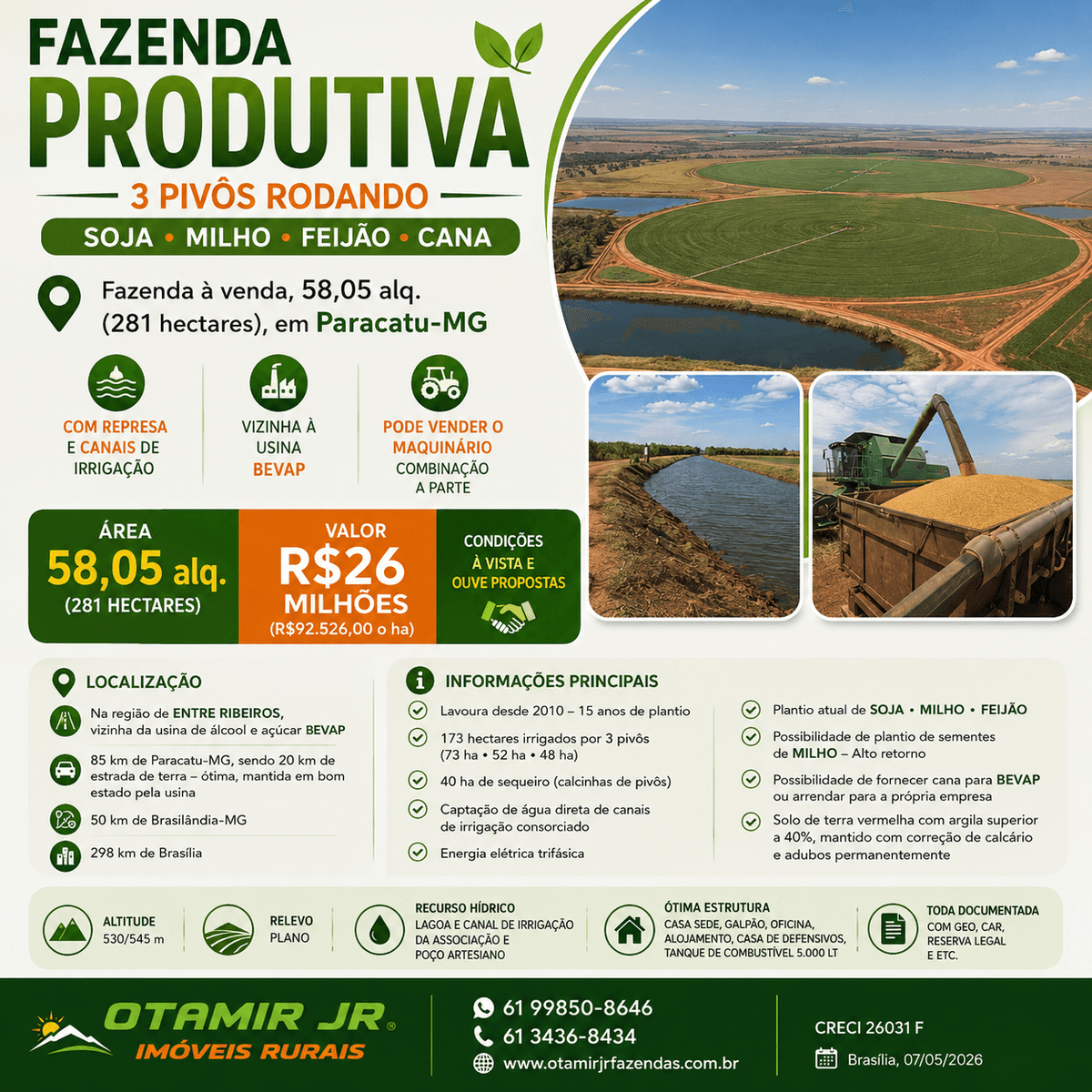 Fazenda à venda, com pivôs, em Paracatu/MG | 281 hecatres, 100% aproveitável.